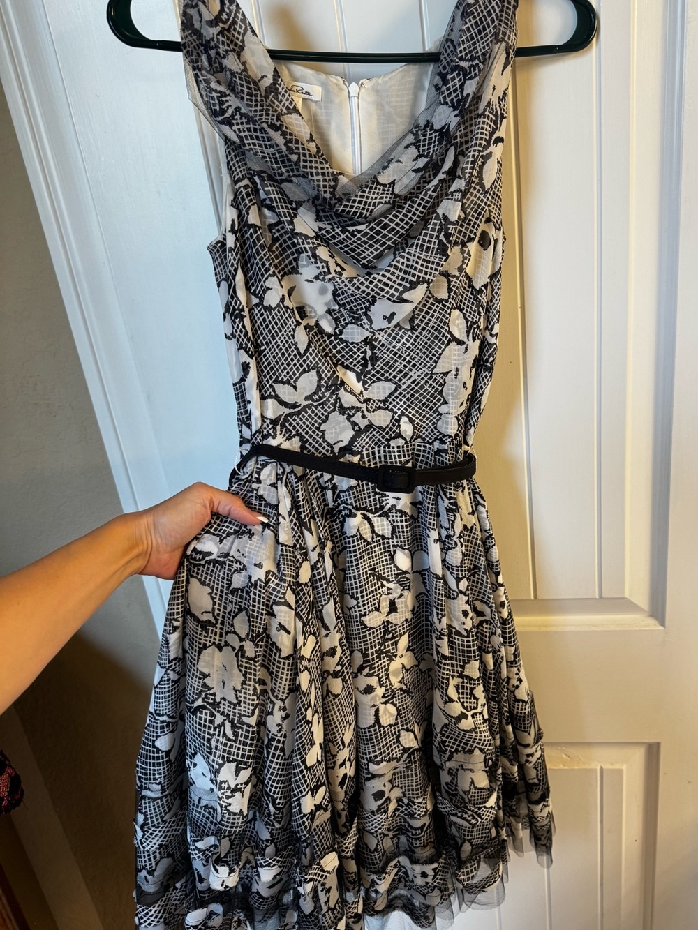 Oscar de la Renta Black and White Floral Cowl Neck Dress